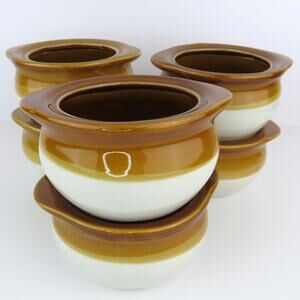 Vintage Rego Brown Drip Glaze Crock Bowls w/ Handles C067-27 — Set of 6